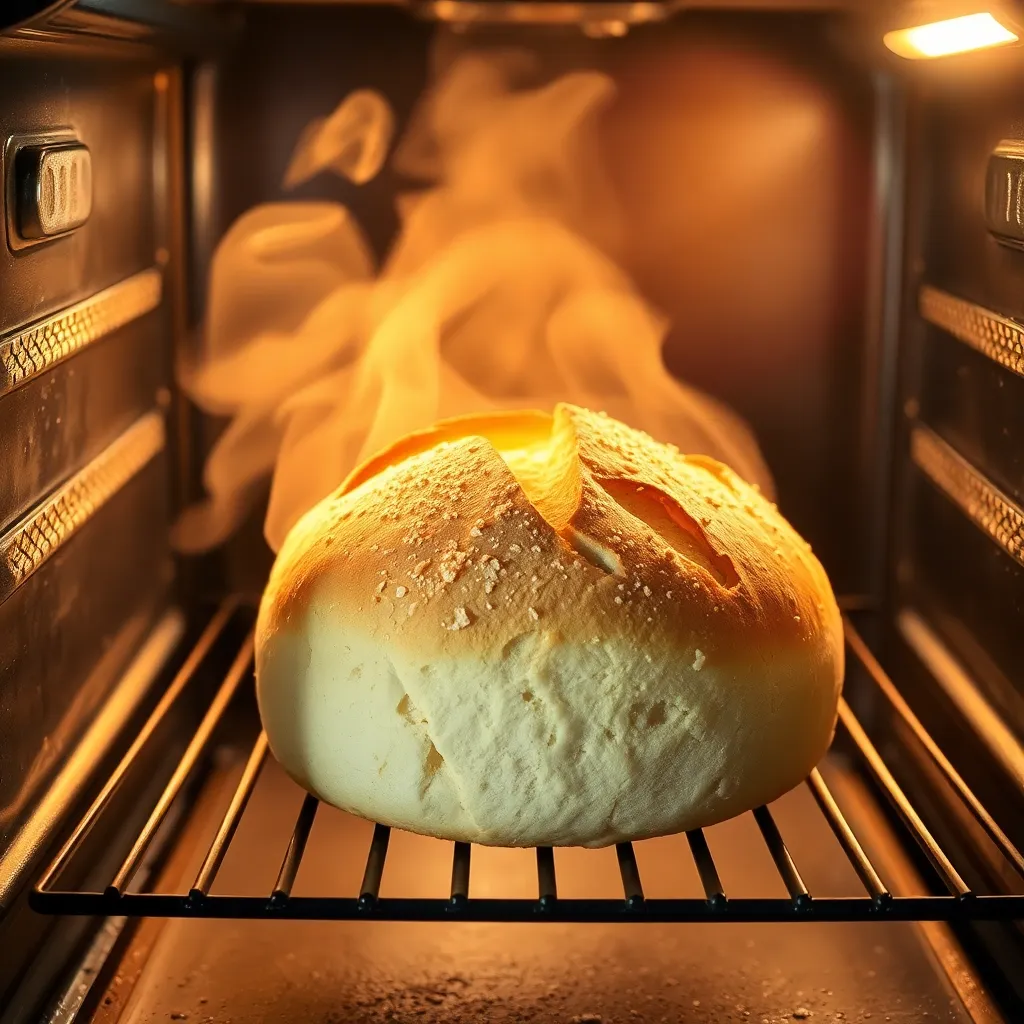 golden sourdough bread baking in oven, steam rising, beautiful crust forming