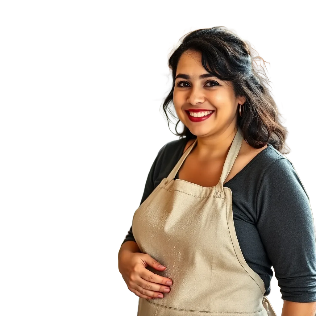 Warm portrait of a smiling baker in her kitchen, flour on her apron, sourdough starter jars visible, natural lighting
