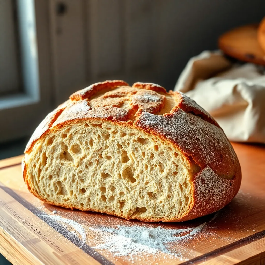 Artisan sourdough bread loaf on wooden cutting board, natural morning sunlight