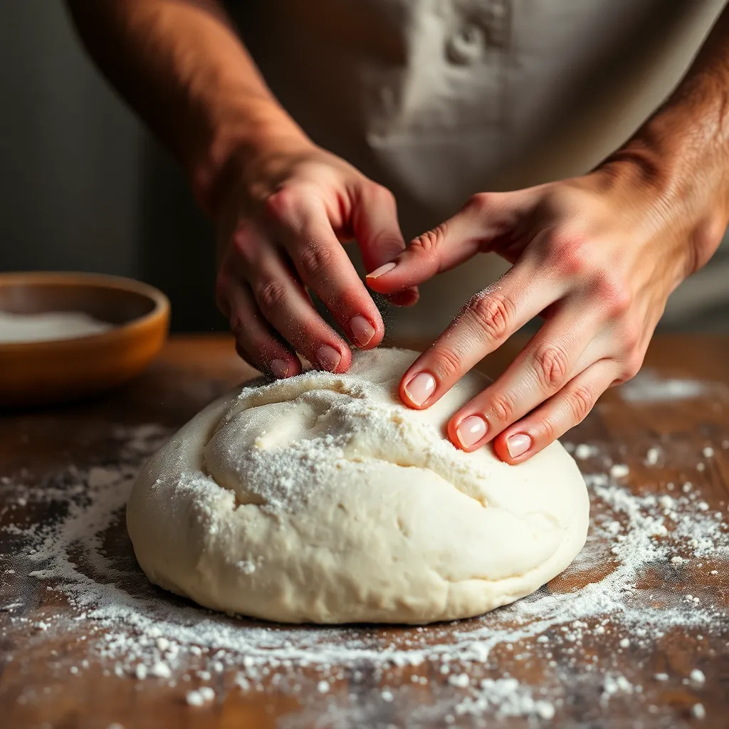 hands kneading artisan sourdough bread dough on wooden table, flour dust in air, warm natural light