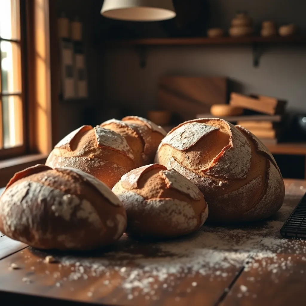 rustic artisan sourdough bread loaves on wooden table with flour, warm natural light