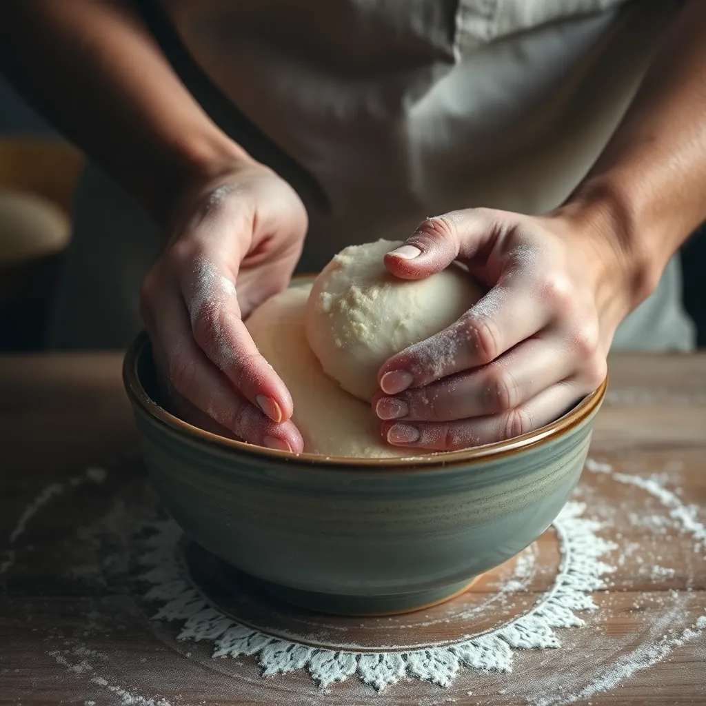 hands mixing bread dough in ceramic bowl, flour on hands, artisan baking process