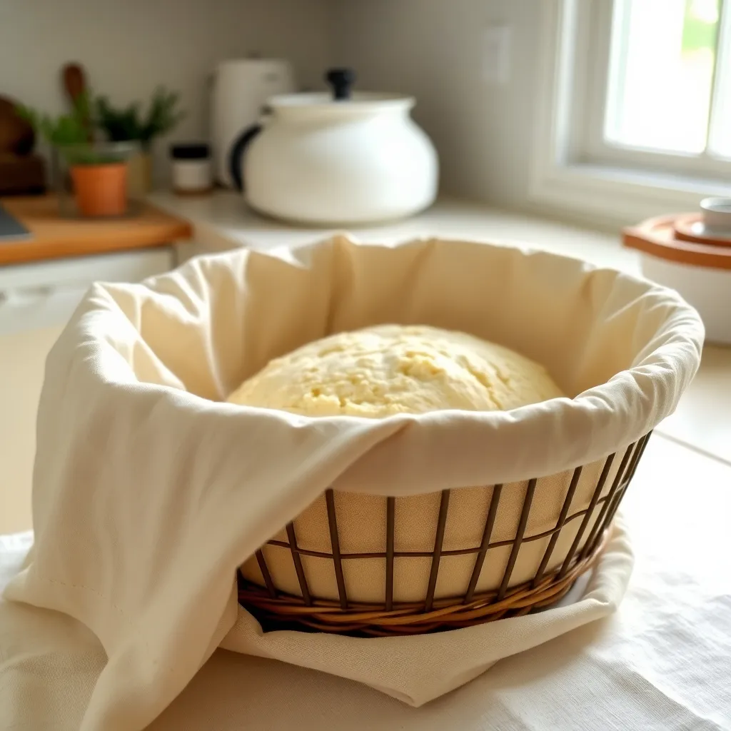 sourdough bread dough rising in proofing basket, linen cloth, peaceful kitchen countertop