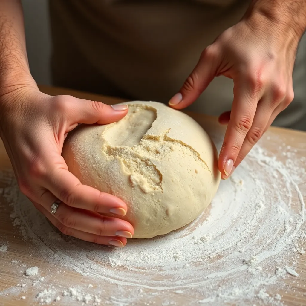 baker hands shaping artisan sourdough boule, flour dusted work surface