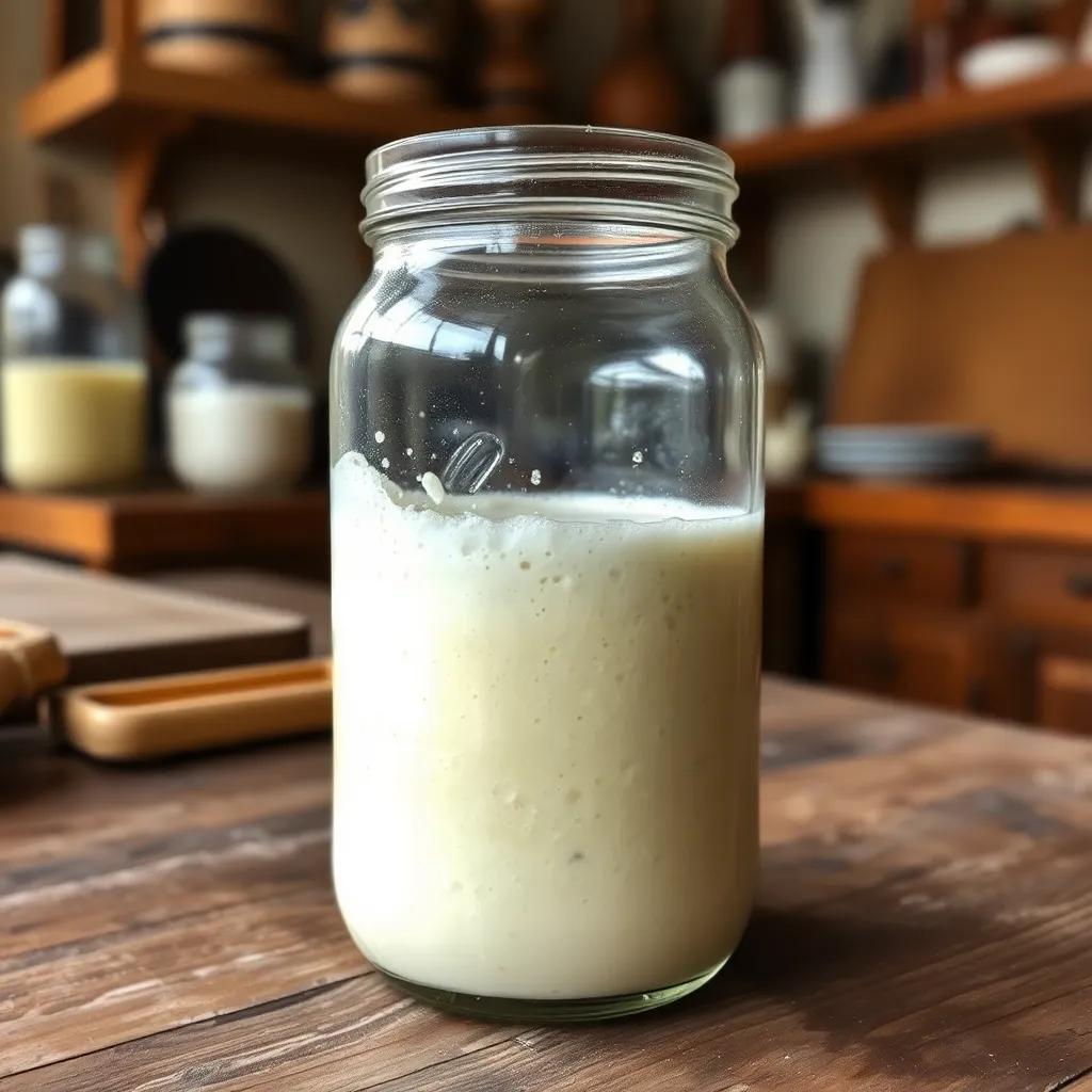 sourdough starter in glass jar bubbling, active fermentation